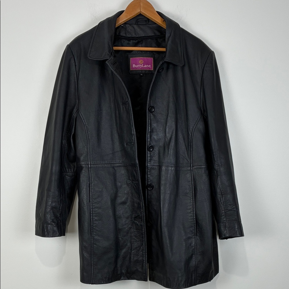 Burry Lane Women’s XL Black Leather Jacket Hip Length Button Front Belted